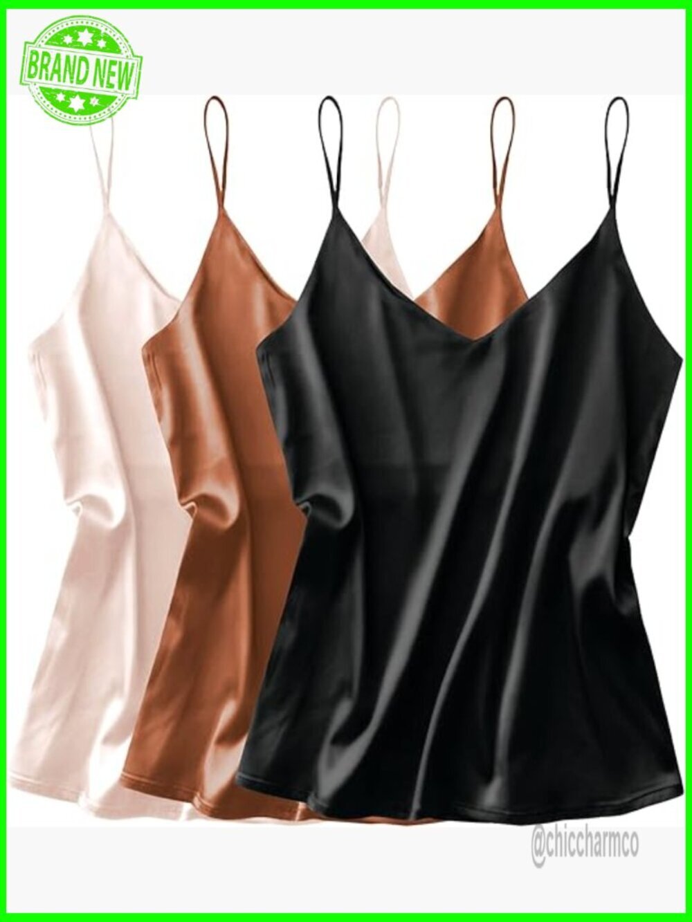 3 Pack Silk Satin Tank Top V Neck Cami Spaghetti Strap Sleeveless Blouse